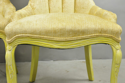 Vintage French Hollywood Regency Yellow Tufted Drape Carved Side Chairs - a Pair