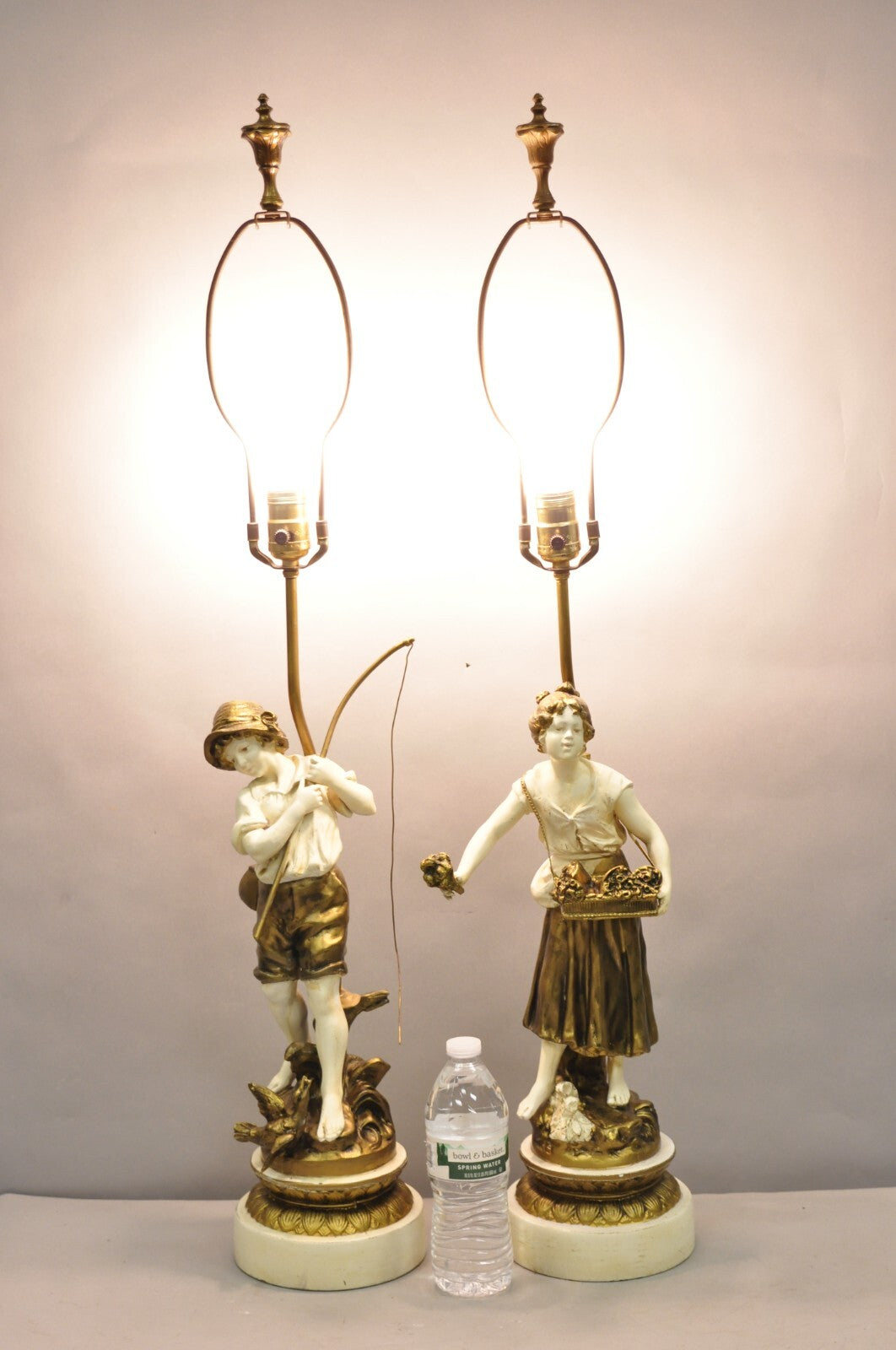 Antique French Victorian Moreau Figural Metal Boy and Girl Table Lamps - a Pair