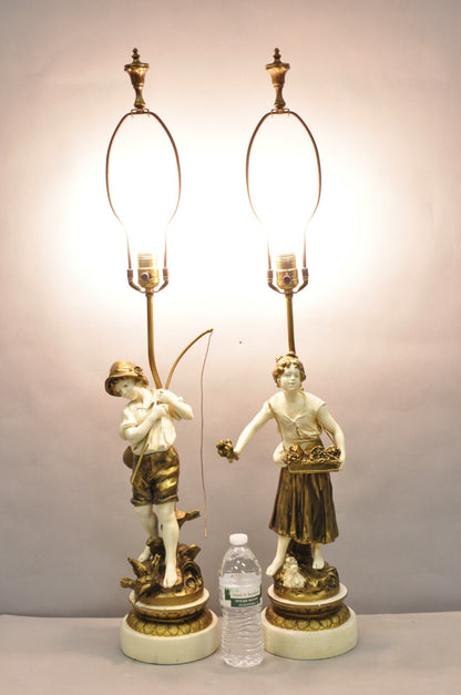 Antique French Victorian Moreau Figural Metal Boy and Girl Table Lamps - a Pair