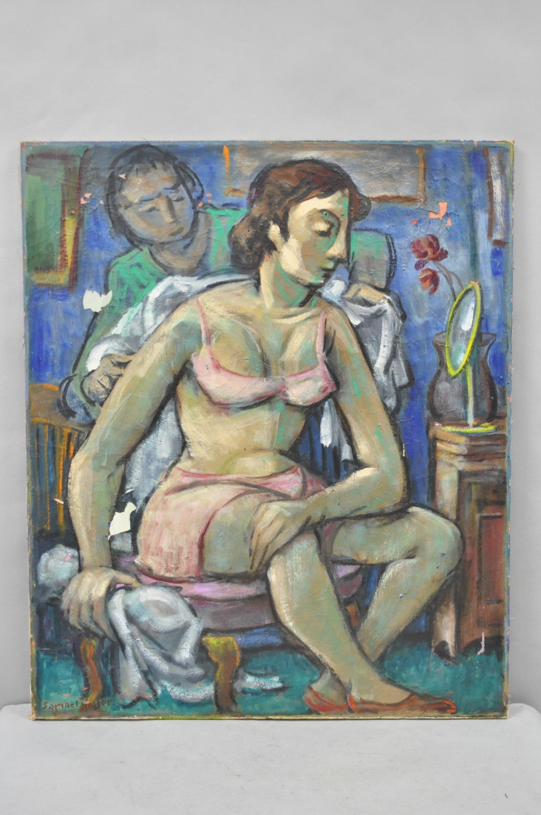 Vintage Samuel Heller "Seated Woman in Undergarments" Oil on Canvas Painting