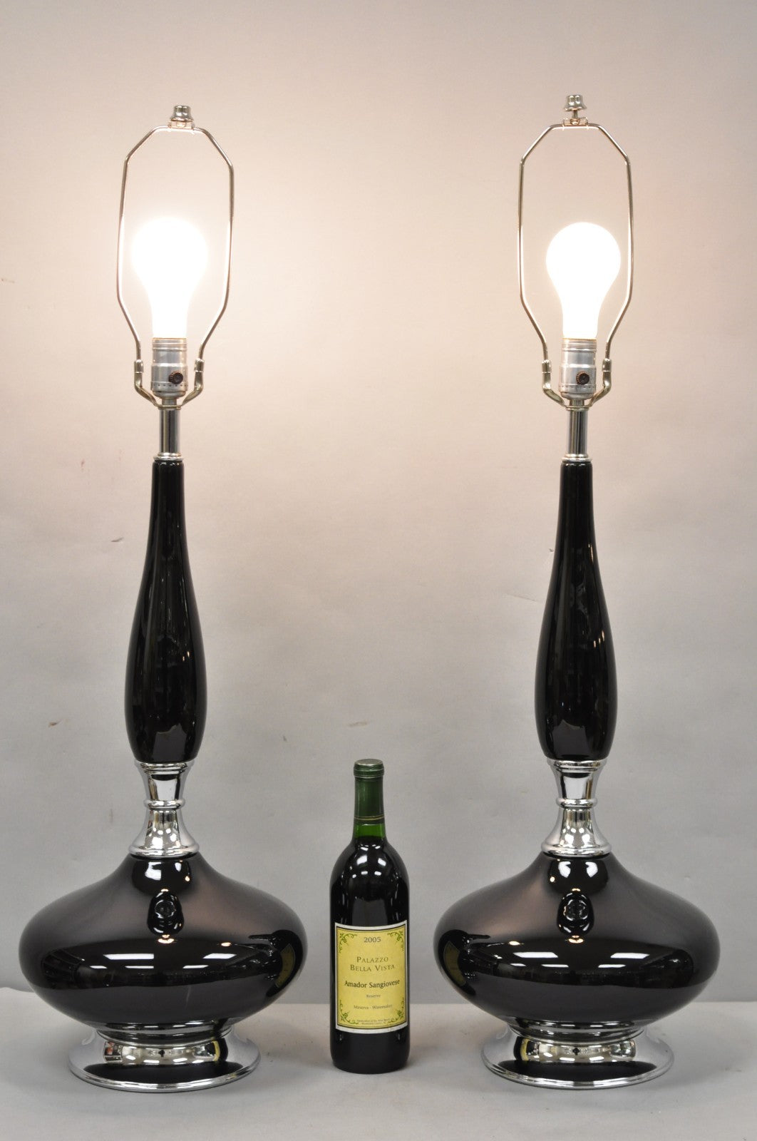 Vintage Mid Century Modern Black Glazed Ceramic & Chrome Table Lamps - a Pair