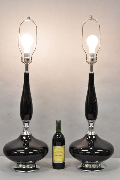 Vintage Mid Century Modern Black Glazed Ceramic & Chrome Table Lamps - a Pair