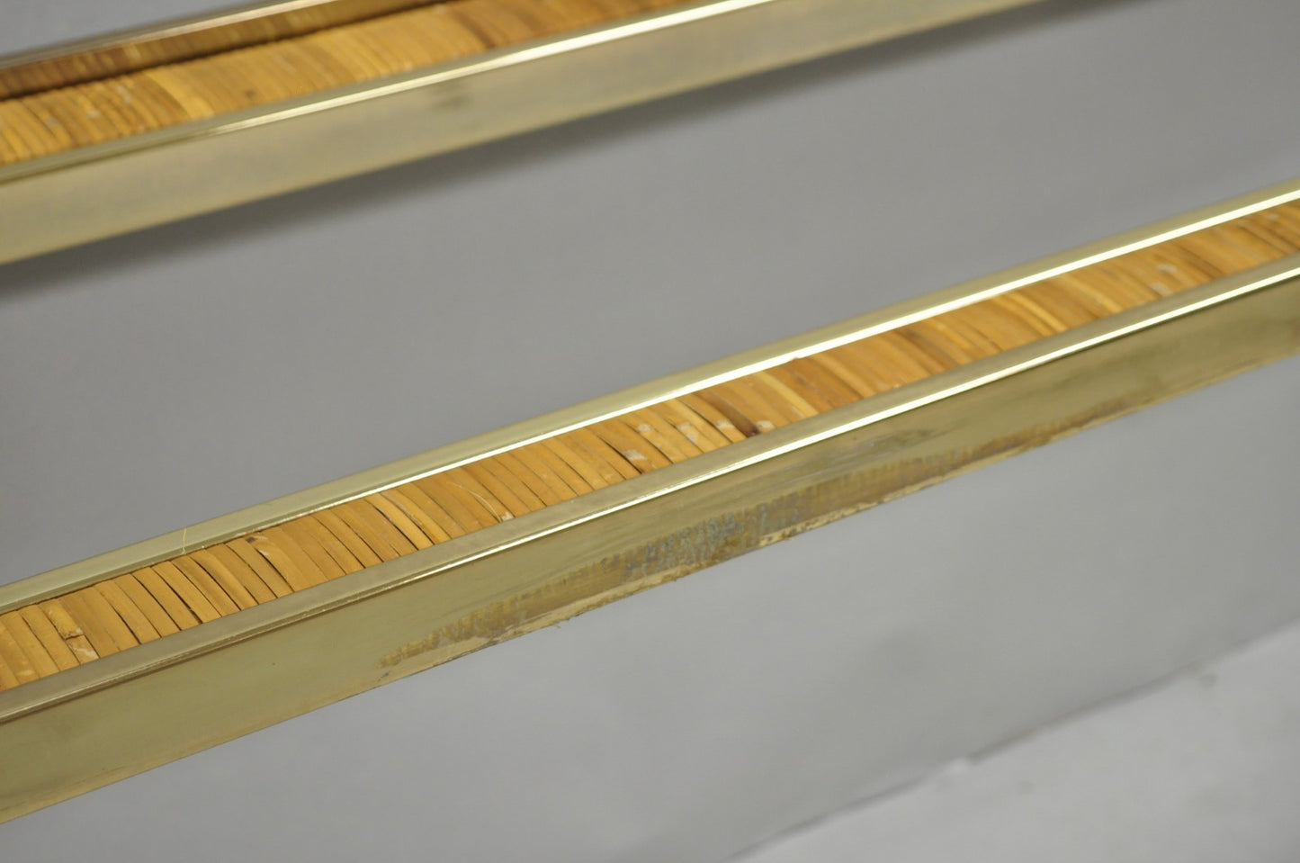 Vintage Mid Century Modern Brass Metal and Rattan Gold Console Hall Table