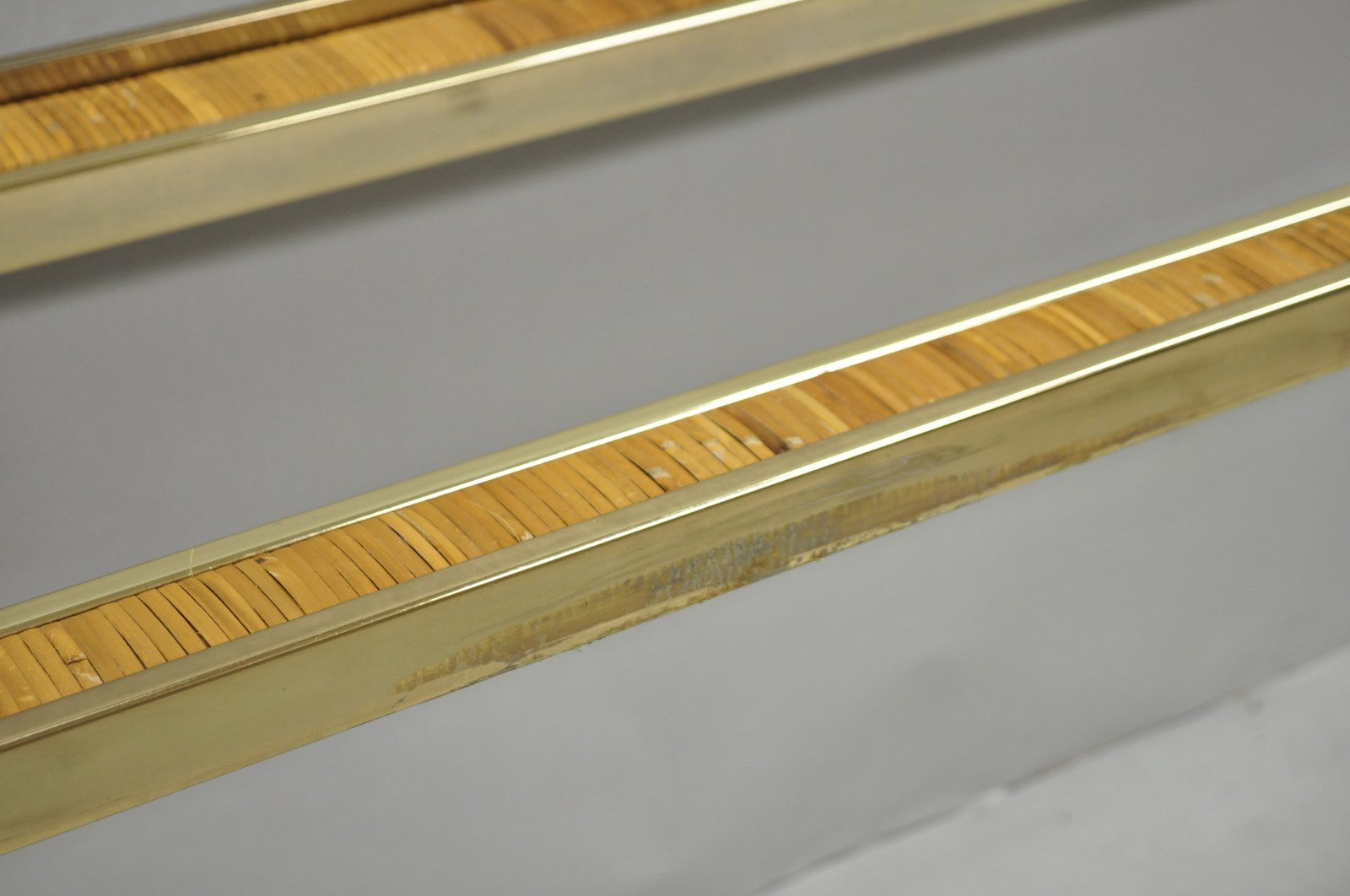Vintage Mid Century Modern Brass Metal and Rattan Gold Console Hall Table