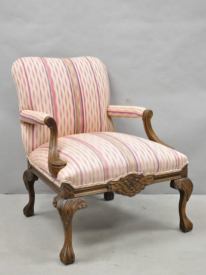 Vintage Georgian Style Carved Walnut Paw Foot Pink Upholstered Club Lounge Chair