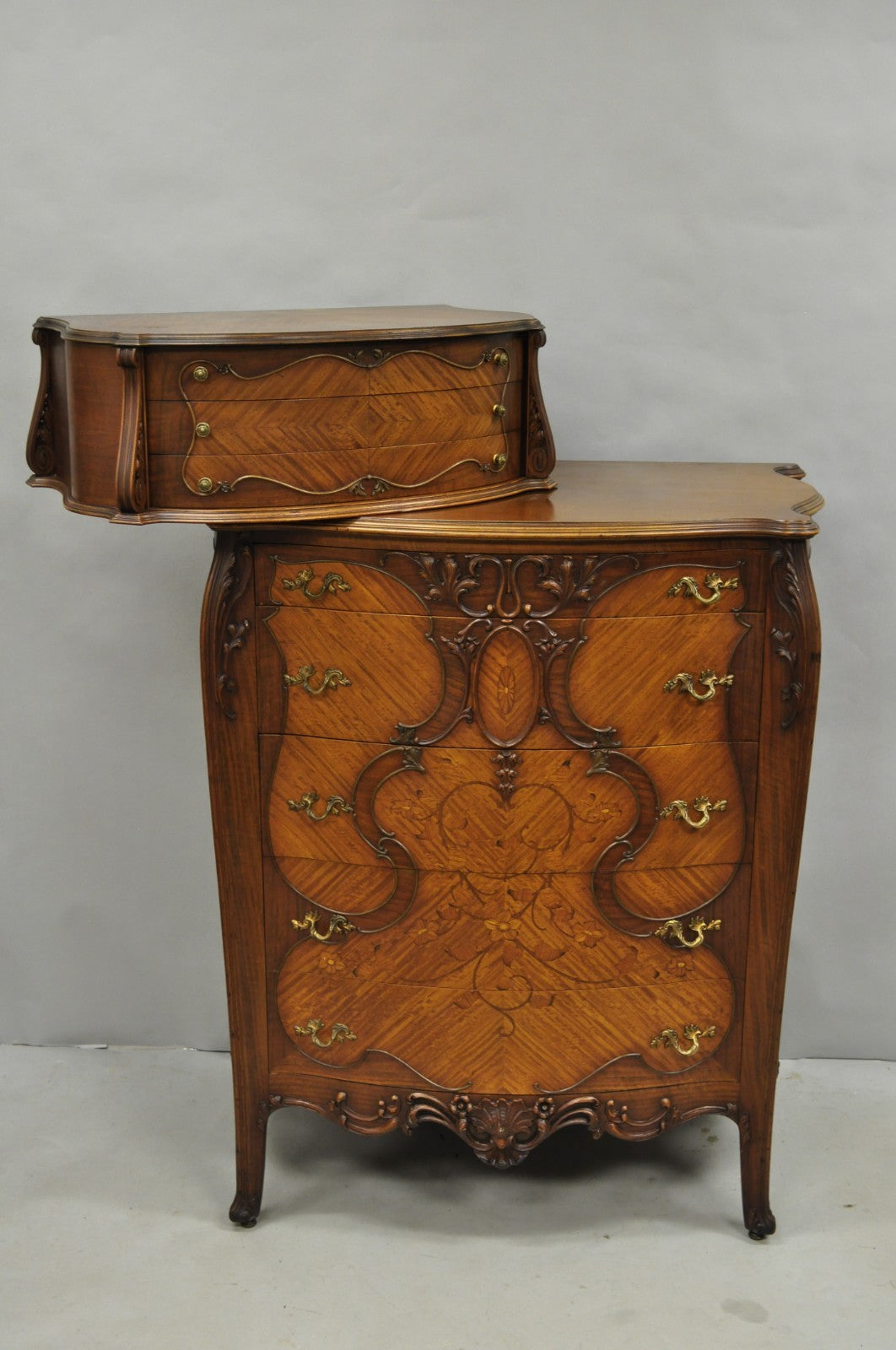 Antique French Louis XV Carved Walnut Satinwood Inlay Highboy Tall Chest Dresser