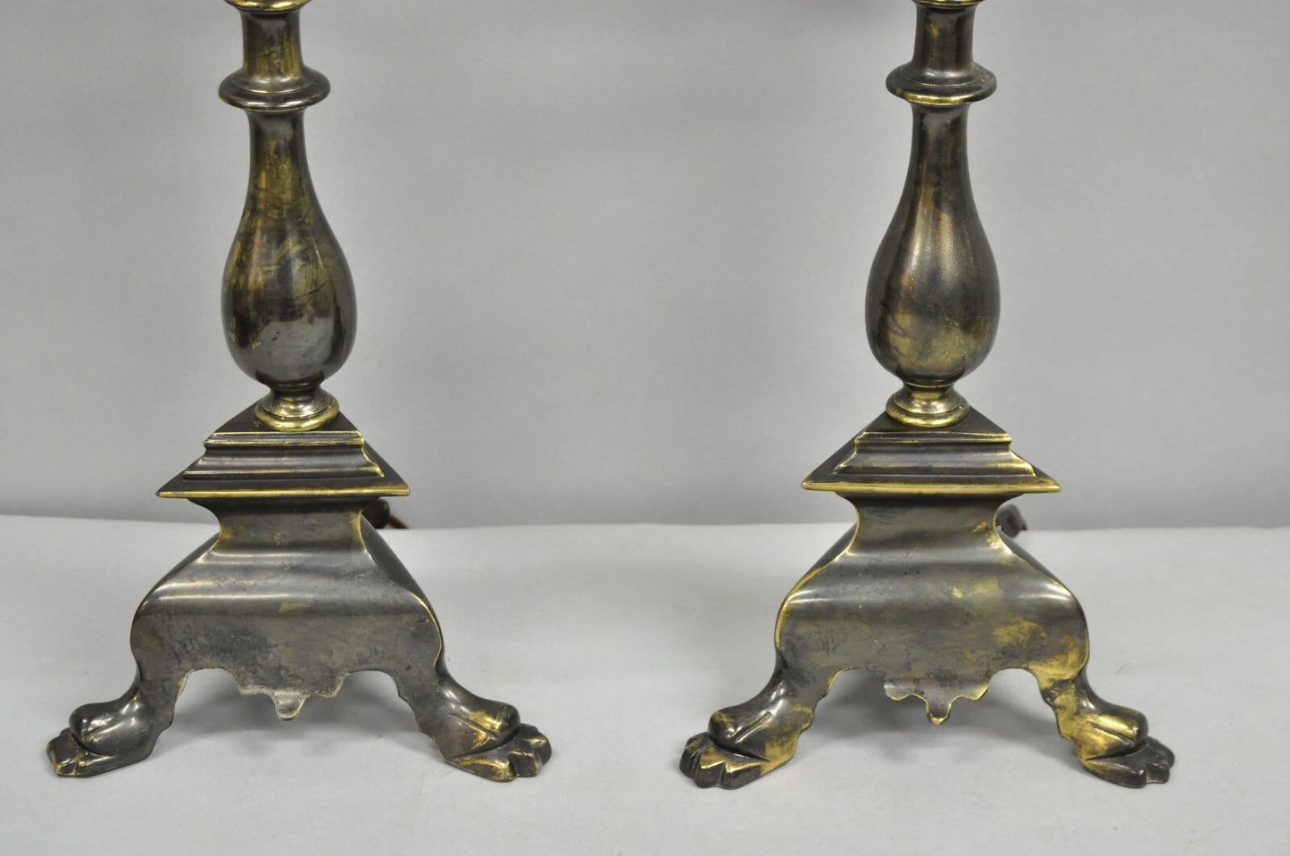 Frederick Cooper French Empire Brass Patina Trumpet Candelabra Table Lamp Pair