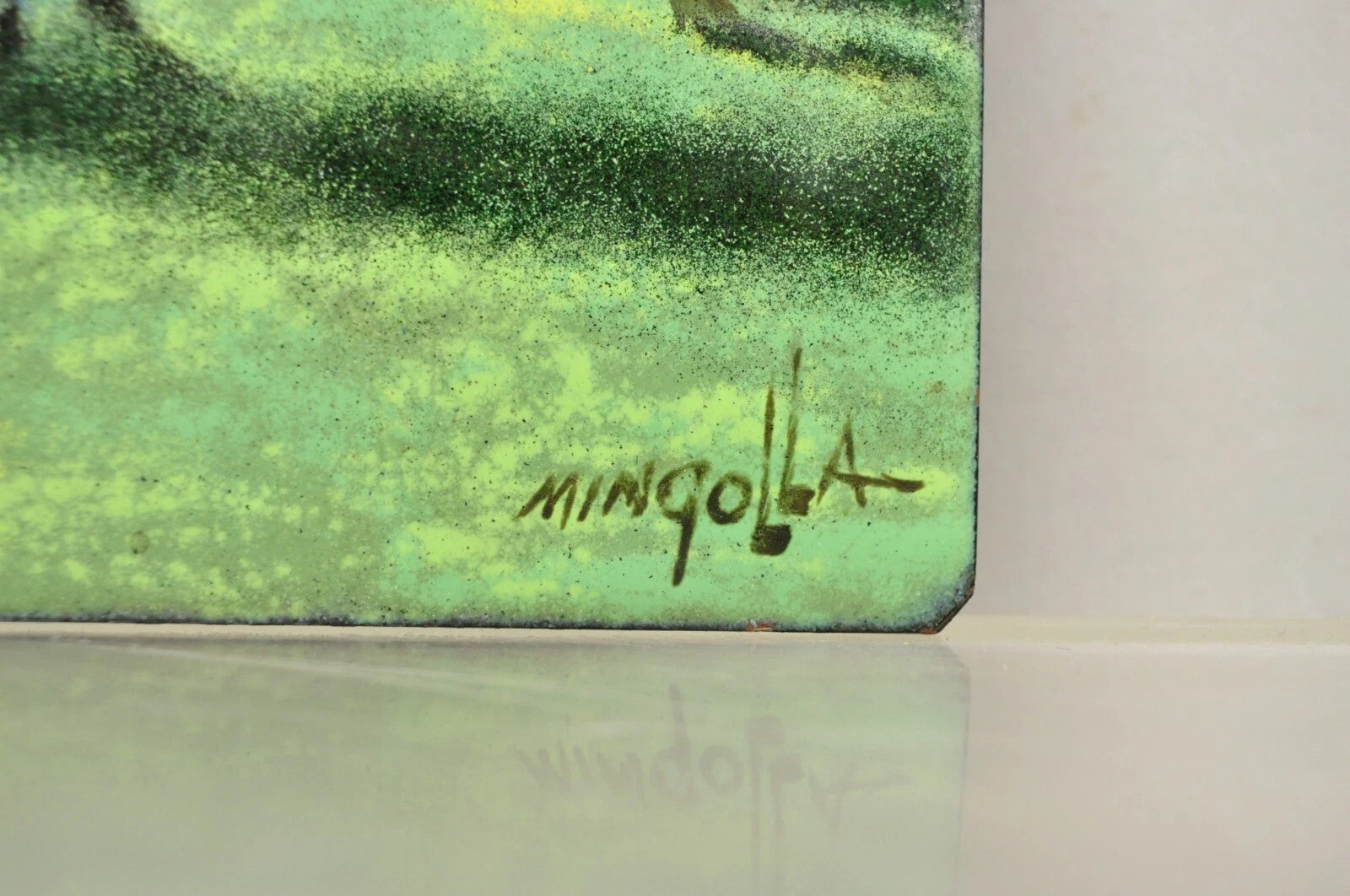 Dom Dominic Mingolla Enamel on Copper Girl in Green Forest and Tall Trees 8 x 10