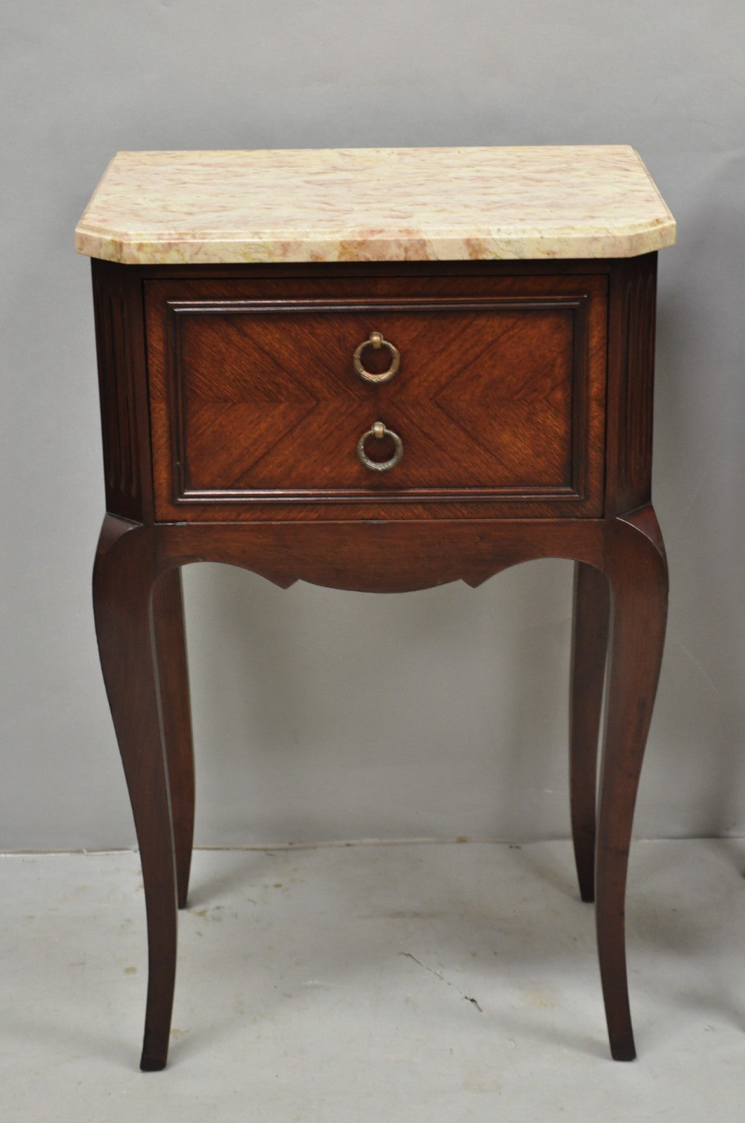 Vintage French Louis XV Style Pink Marble Top Mahogany Nighstand Table - a Pair