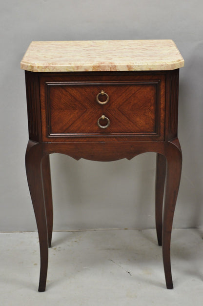 Vintage French Louis XV Style Pink Marble Top Mahogany Nighstand Table - a Pair