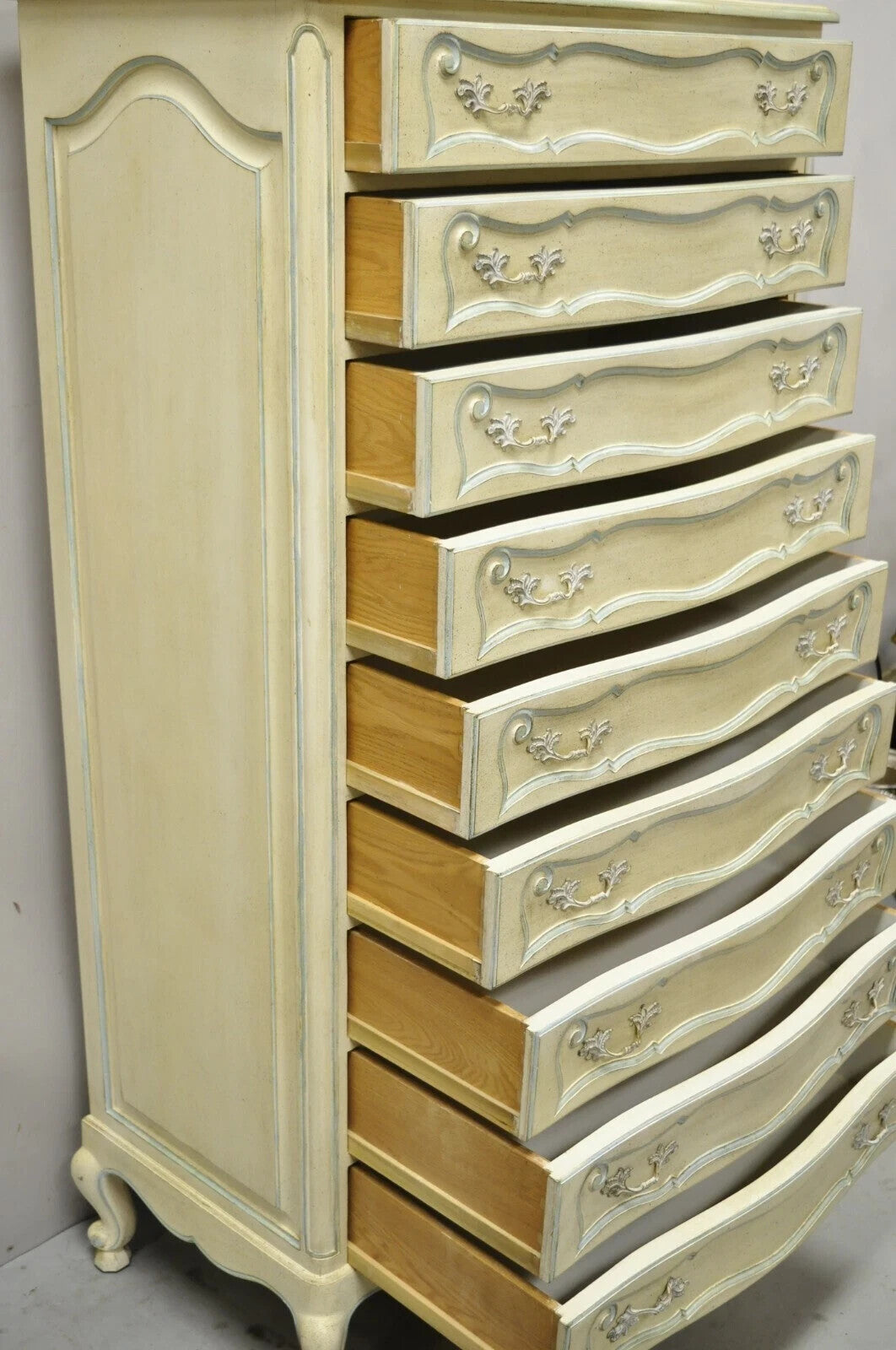 Vintage French Provincial Cream & Blue 9 Drawer Narrow 65" Tall Chest Dresser