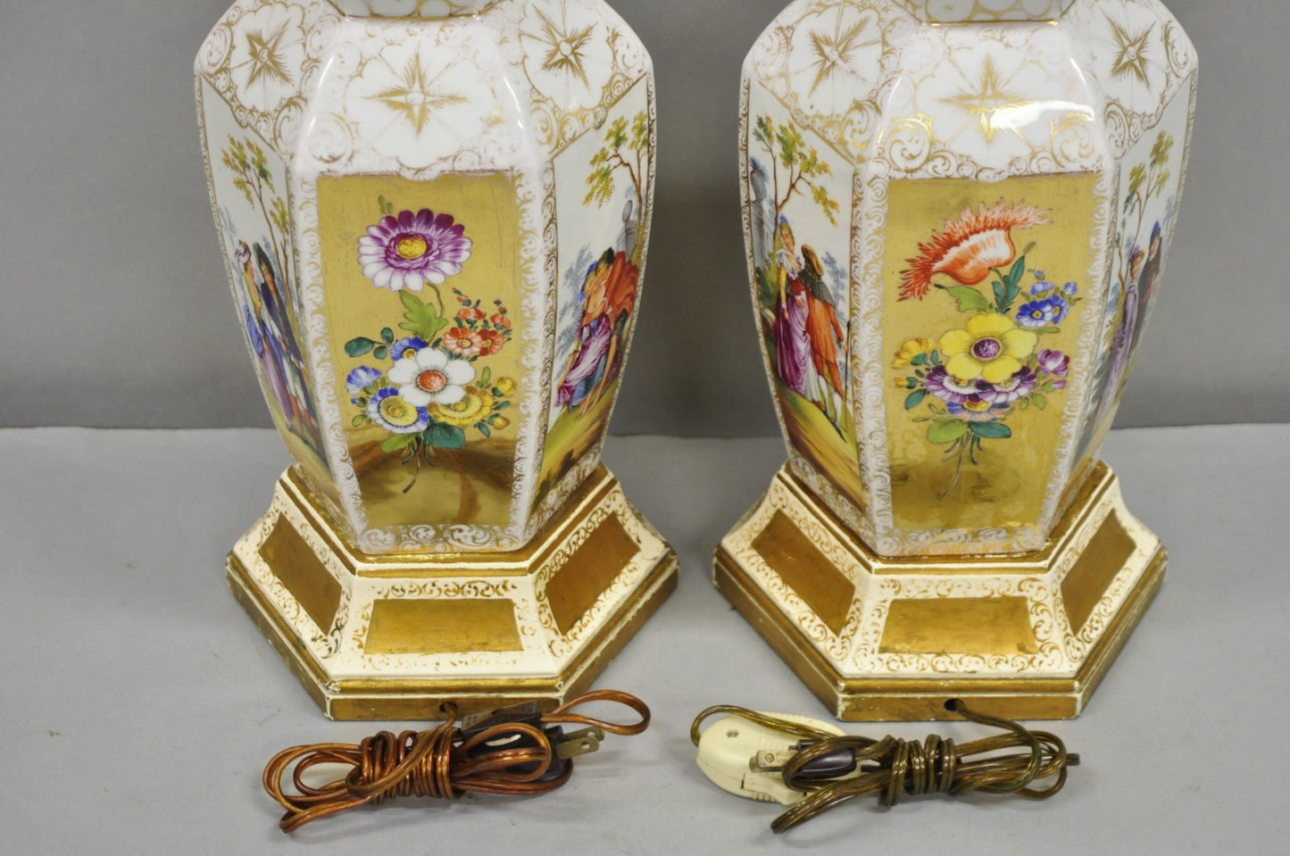 Antique French Victorian Hand Painted Gold Gilt Ginger Jar Table Lamps - a Pair