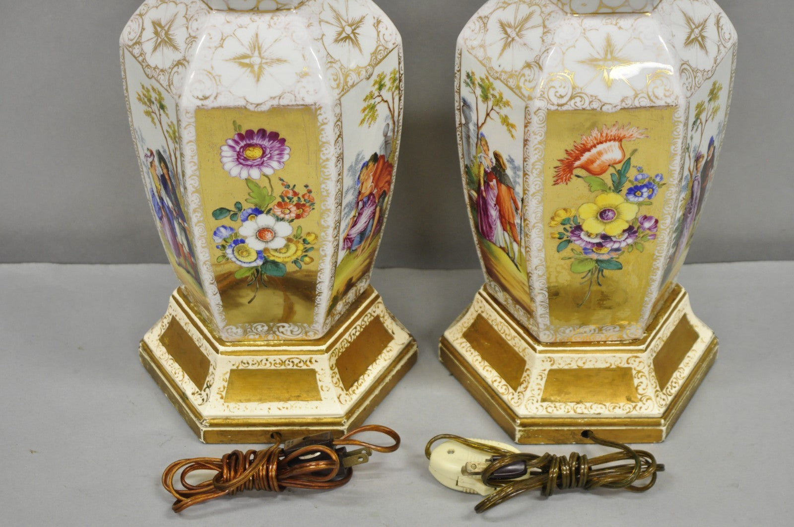 Antique French Victorian Hand Painted Gold Gilt Ginger Jar Table Lamps - a Pair