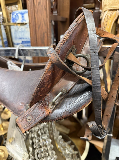 Antique McClellan Brown Leather 12 inch WWI Calvary Horse Saddle, Circa 1900