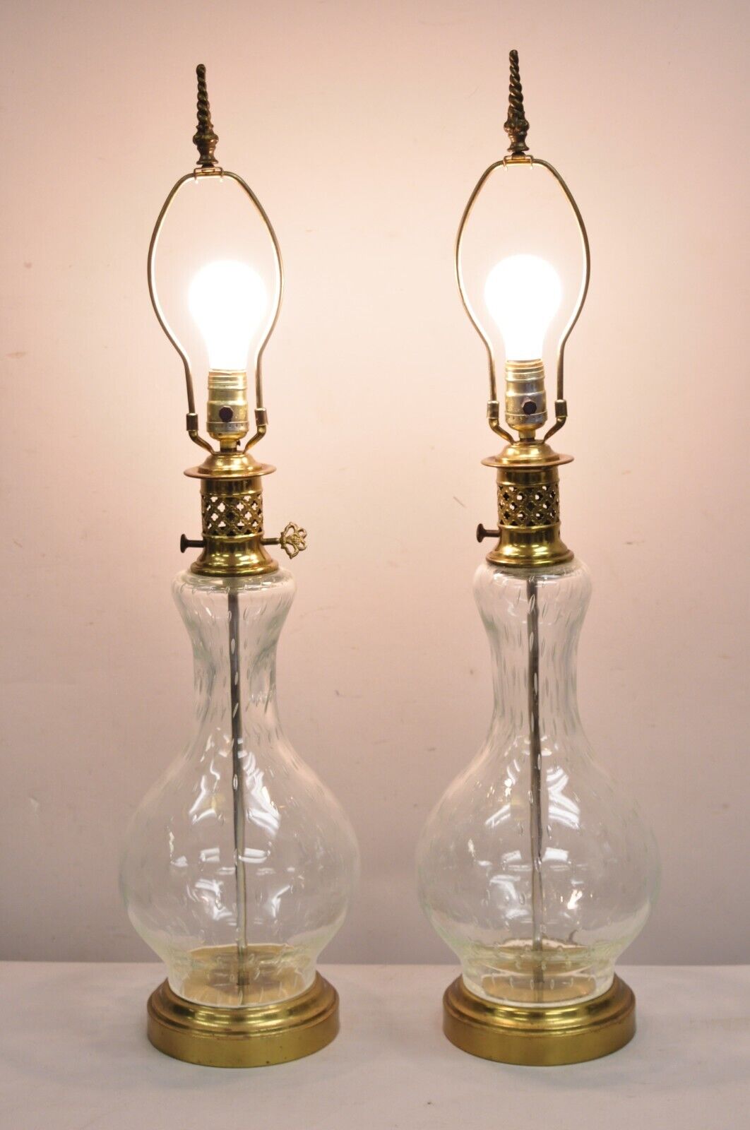 Vintage Victorian Lantern Style Shapely Bubble Glass Table Lamps - a Pair