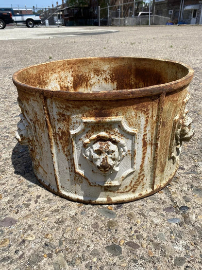 Vintage English Regency Cast Iron 20" Round Lion Heads White Garden Planter Pot