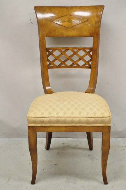 Vintage Italian Regency Burl Wood Brass Inlay Tall Back Dining Chairs - Set of 4