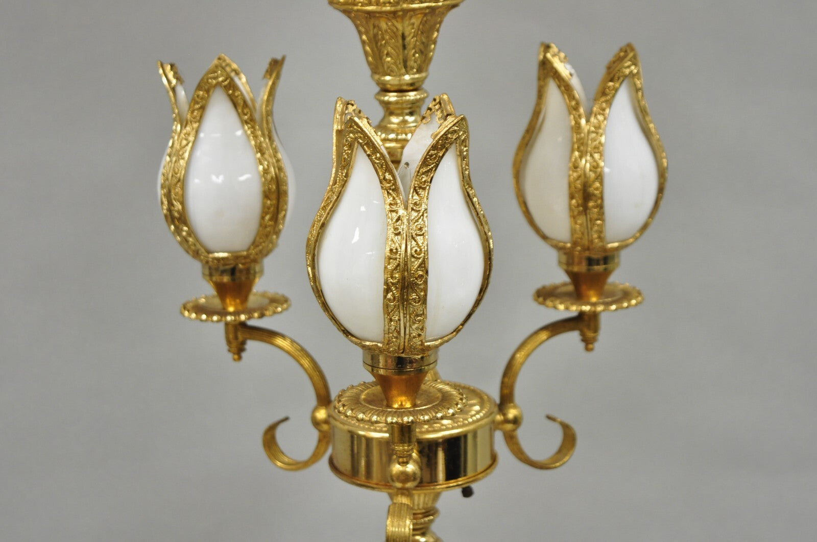 Vintage Hollywood Regency Gold Tall Candlestick Lantern Tulip Shade Table Lamp