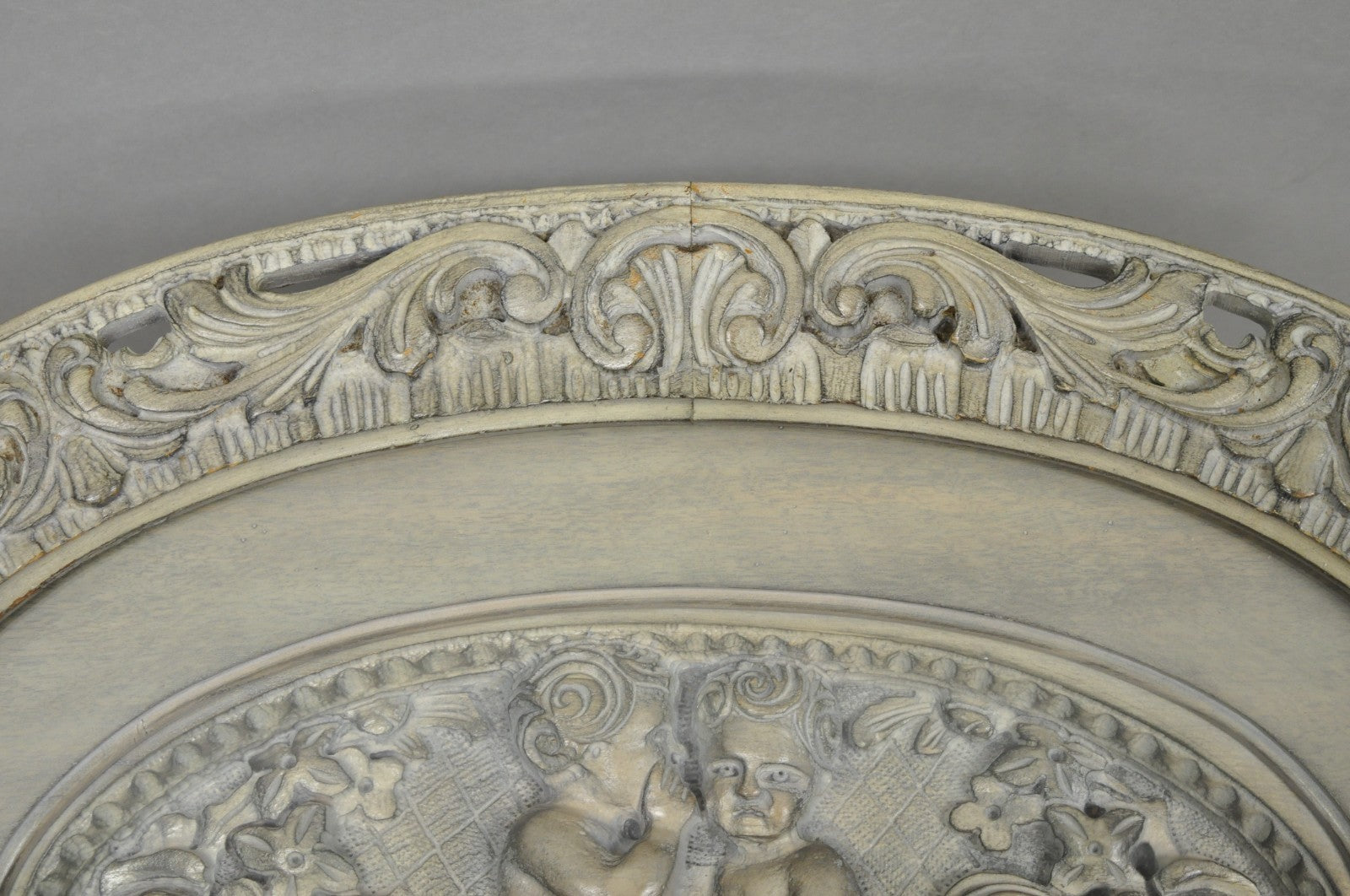 Vintage French Renaissance Walnut Gray Distress Painted Cherub Coffee Table