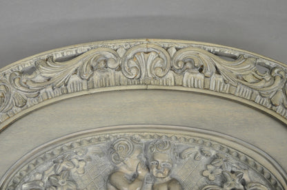 Vintage French Renaissance Walnut Gray Distress Painted Cherub Coffee Table