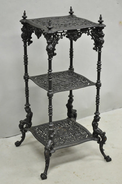 Antique French Renaissance Victorian Cast Iron Figural 3 Tier Plant Stand Table