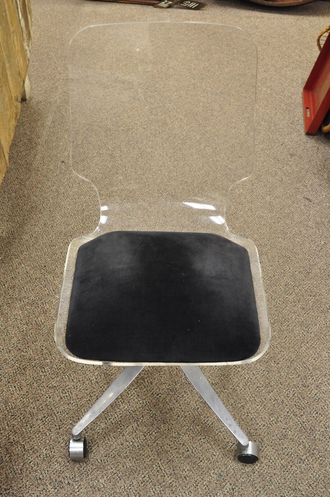 Mid Century Modern Clear Lucite Aluminum Swag Base Rolling Swivel Desk Chair