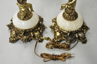 Vintage French Renaissance Rococo Alabaster & Brass Cherub Table Lamps - a Pair