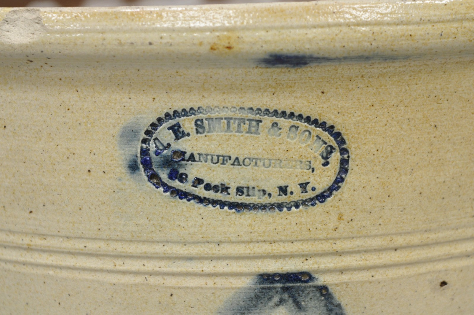 Antique A.E. Smith & Sons Cobalt Blue Painted Flower 3 Gallon Stoneware Crock