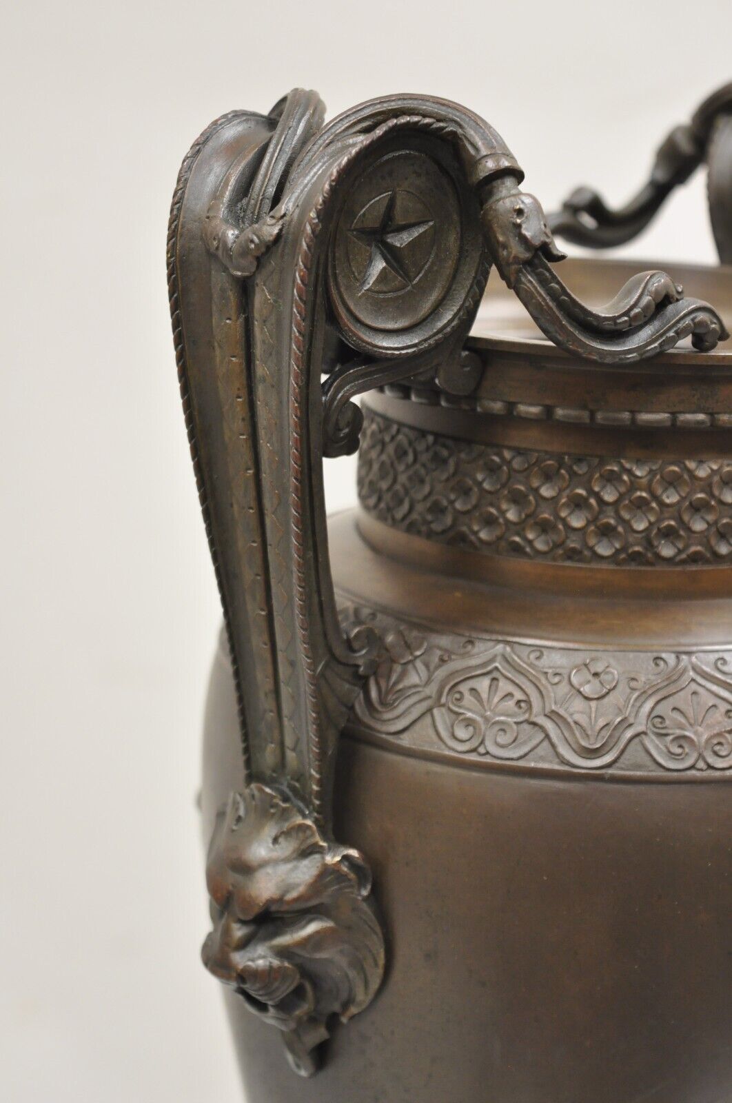 19th C Alfred Daubree French Neoclassical Bronze Figural Urn Vase with Lions
