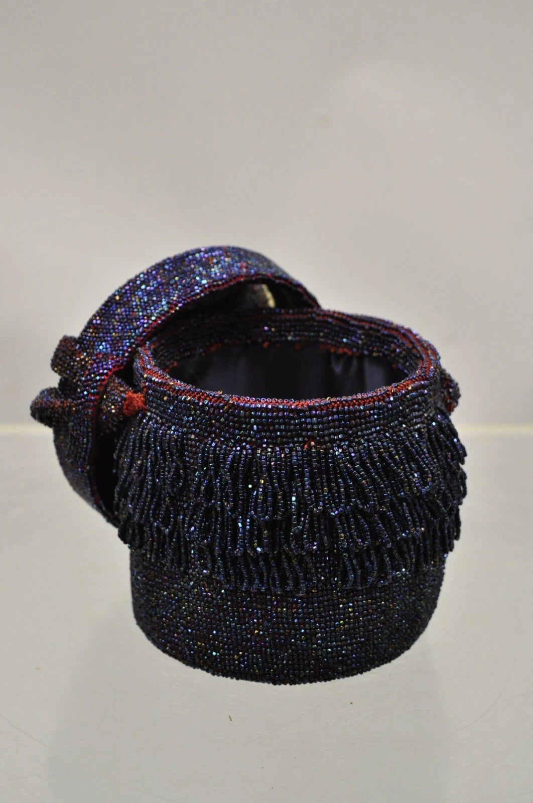 Vintage French Art Deco Blue Red Beaded Handbag Round Box Purse with Mirror