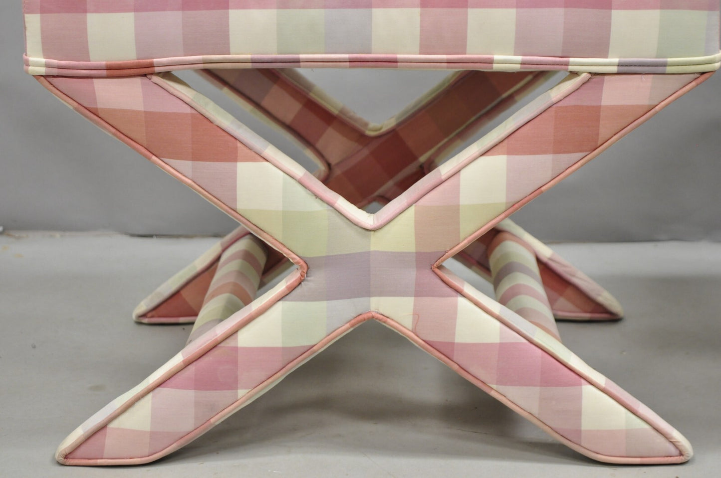 Vintage French Country Pink Plaid Hollywood Regency X-Stool Curule Bench Pair