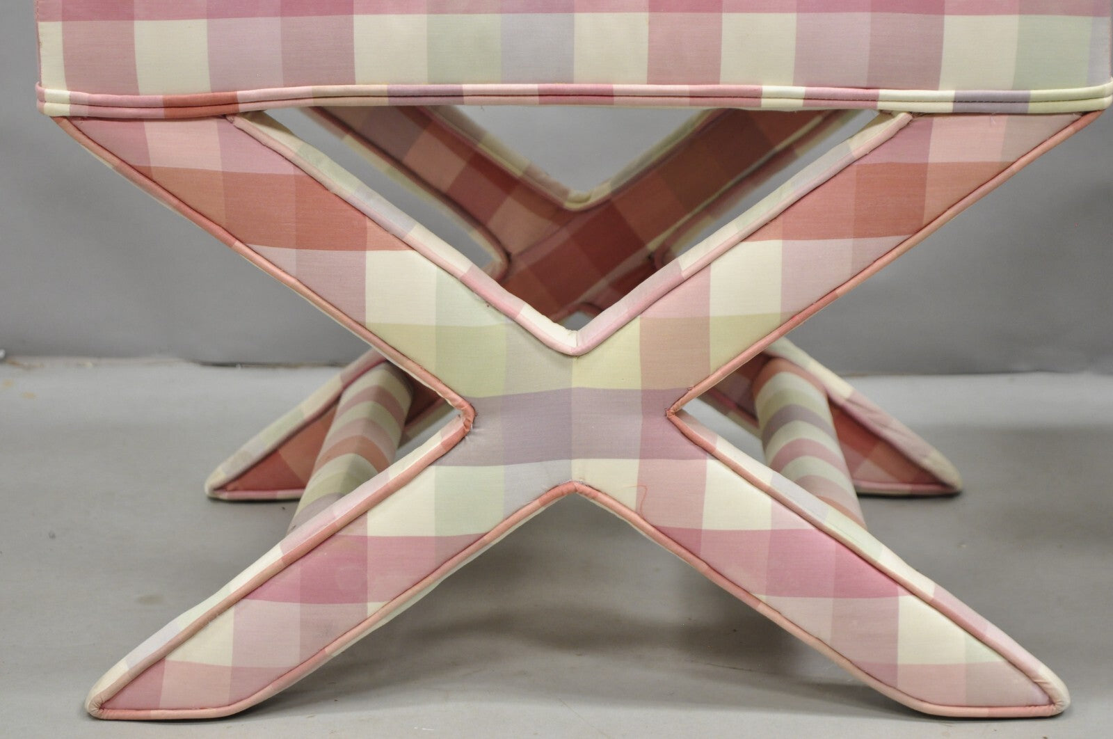 Vintage French Country Pink Plaid Hollywood Regency X-Stool Curule Bench Pair