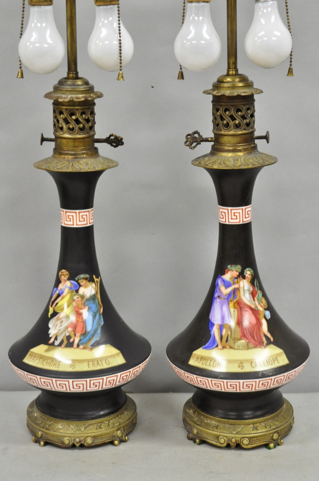 Antique French Neoclassical Bronze & Black Porcelain Painted Table Lamps - Pair