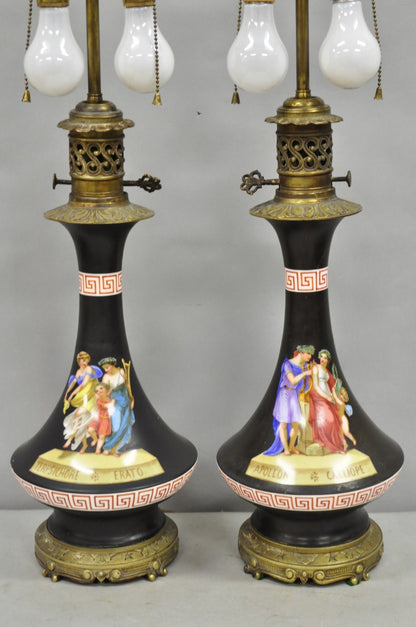 Antique French Neoclassical Bronze & Black Porcelain Painted Table Lamps - Pair