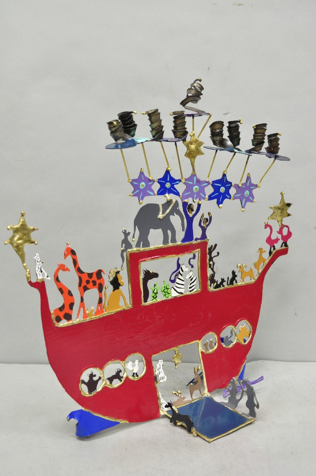 Modern Noah's Ark Cut Steel Judaica Art Hannukah Menorah Candelabra Sculpture