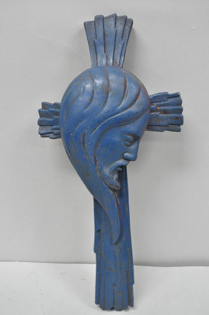Vintage Religious Jesus Sculpted Resin Blue Mid Century Wall Crucifix Cross