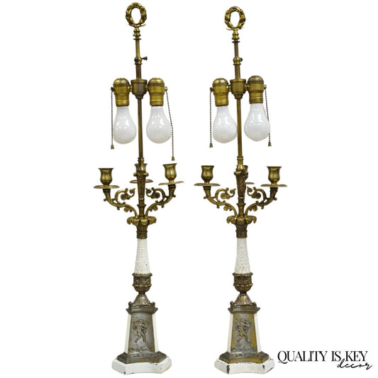 Vintage French Empire Style Candlestick Candelabra Brass Table Lamps - a Pair