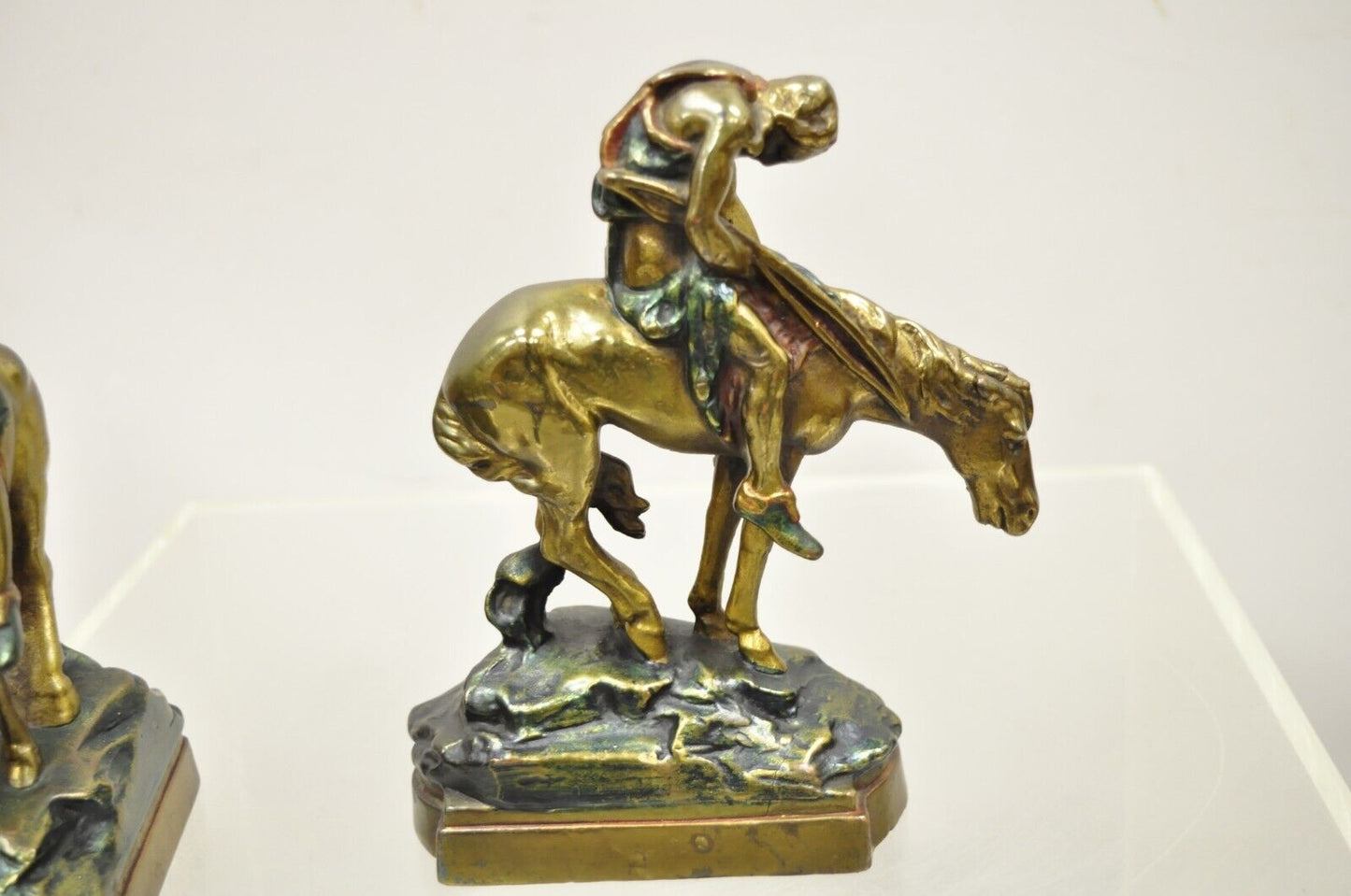 Vintage Bronze Clad 8" End of Trail Indian on Horse Figure Bookends - a Pair