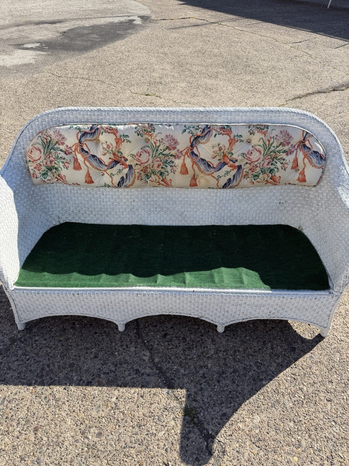Antique Victorian White Wicker Rattan Sunroom Patio Sofa w/ Loose Cushions