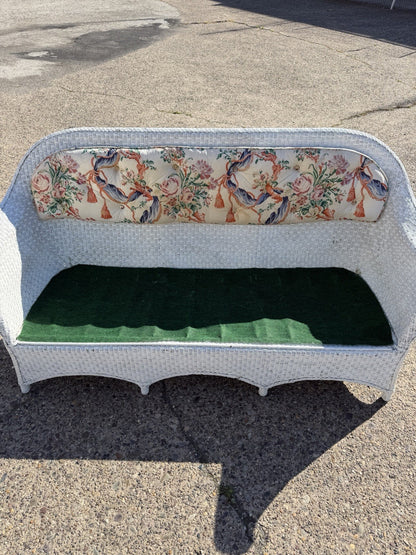 Antique Victorian White Wicker Rattan Sunroom Patio Sofa w/ Loose Cushions