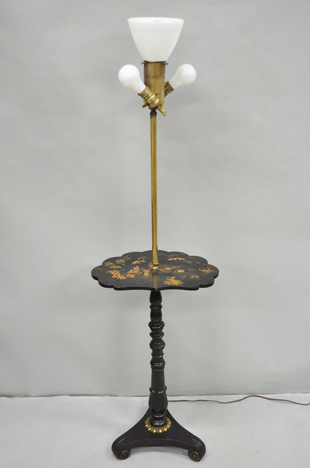 Antique Chinoiserie English Regency Black Lacquer Carved Wood Floor Lamp Table