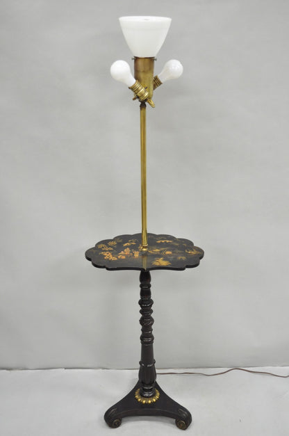 Antique Chinoiserie English Regency Black Lacquer Carved Wood Floor Lamp Table