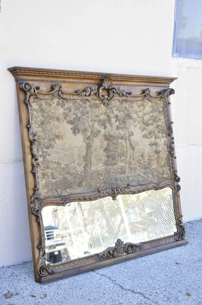 Antique French Tapestry Louis XV Rococo Carved Wood Overmantle Trumeau Mirror