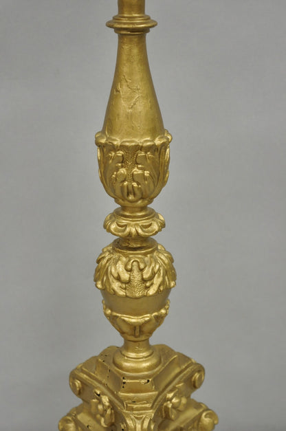 Antique 19th C Italian Neoclassical Carved Gold Giltwood Pricket Candlestick