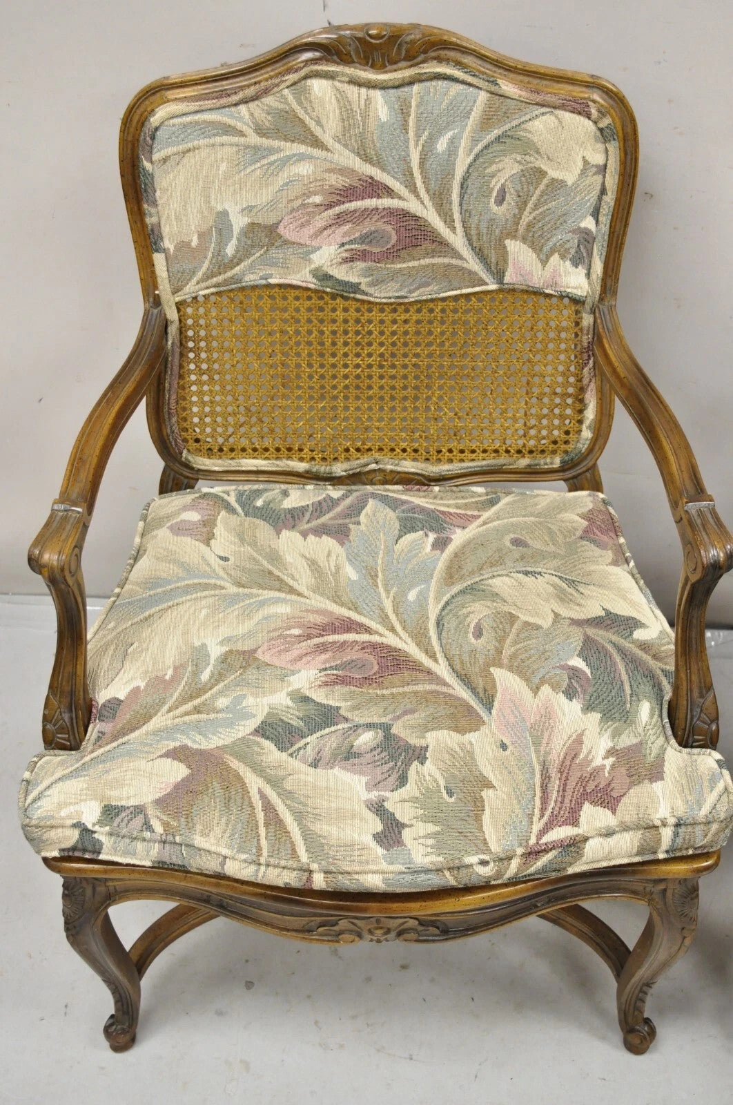 Vintage French Country Louis XV Style Upholstered Cane Lounge Arm Chairs - Pair