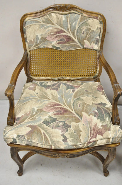 Vintage French Country Louis XV Style Upholstered Cane Lounge Arm Chairs - Pair