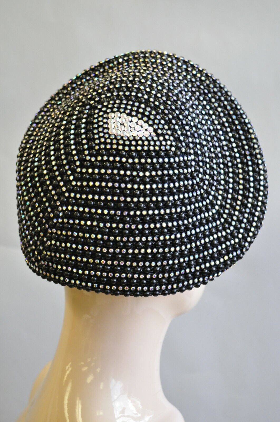 Vintage Bina Fashion Hats Black Iridescent Beaded Bejewel Derby Crown Beret Hat