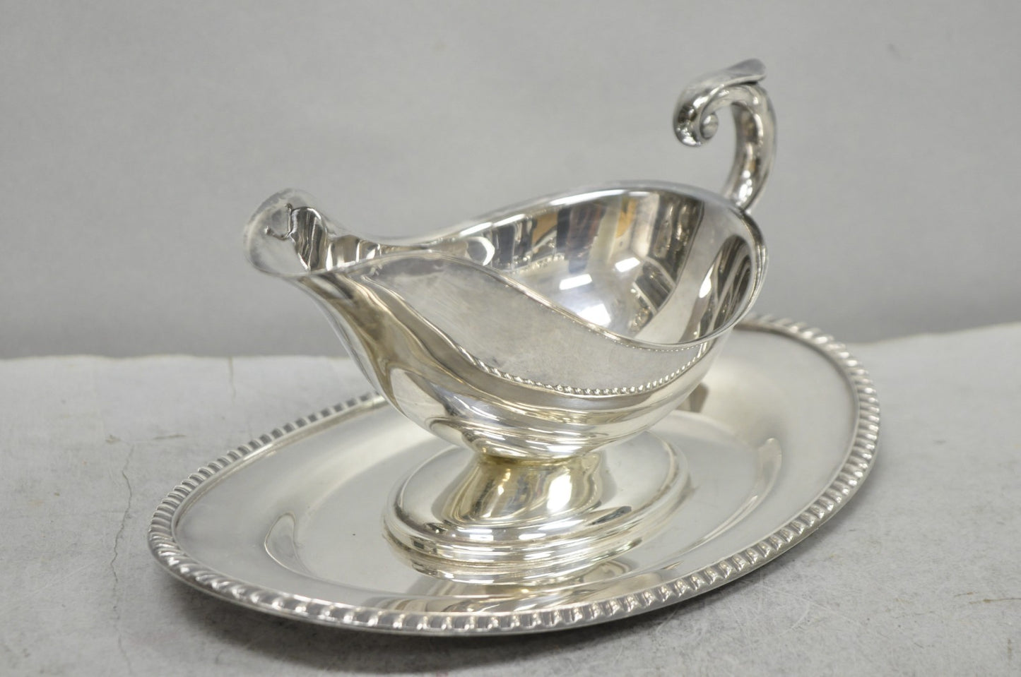 Vintage Crescent Victorian Silver Plated Gravy Sauce Boat on Attached Dish Plate