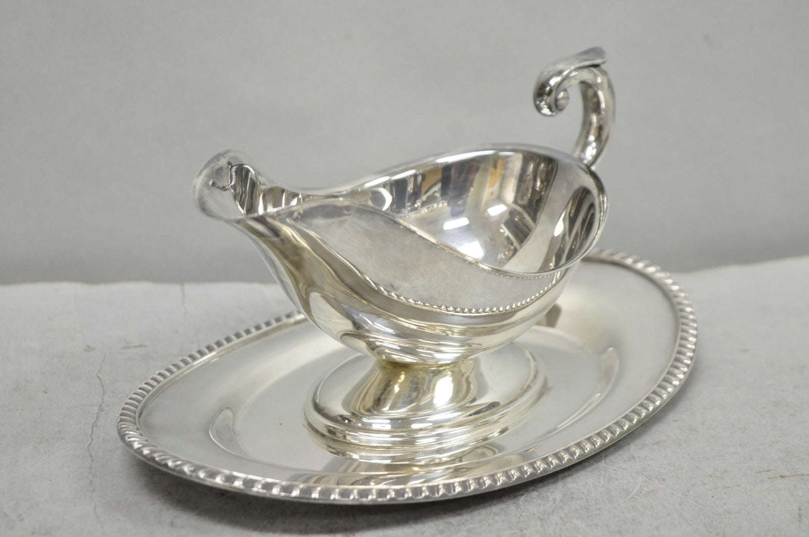 Vintage Crescent Victorian Silver Plated Gravy Sauce Boat on Attached Dish Plate