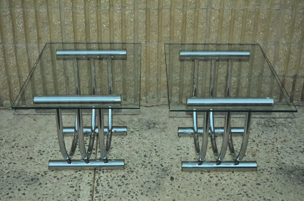 Vintage Mid Century Modern Romeo Rega Style Chrome Arch Side End Tables - a Pair